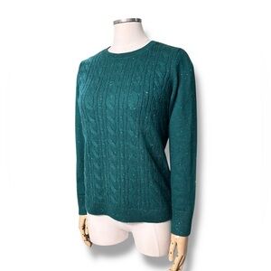 TALBOTS Speckled Green Crew Neck Cable Knit Pullover Sweater Size Medium Petite